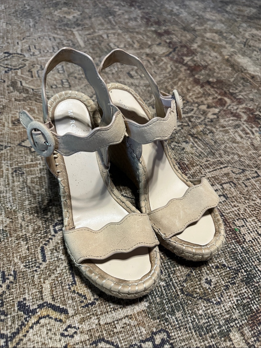 Beige Women's Wedge Sandals with Scalloped Straps